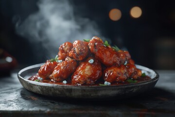 Canvas Print - A tantalizing close-up of spicy chicken wings, glazed in red sauce and garnished with green onions.