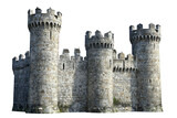 A medieval stone castle featuring multiple towers and a fortified structure.