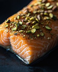 Wall Mural - Fresh salmon fillet topped with crushed pistachios, showcasing vibrant colors and textures.