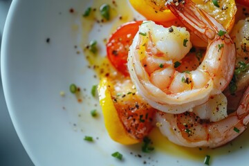 Wall Mural - Deliciously plated shrimp with vibrant lemon and tomatoes, highlighting a fresh culinary creation.