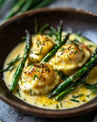 Wall Mural - Delicious shrimp ravioli with asparagus in creamy sauce, showcasing vibrant green herbs.