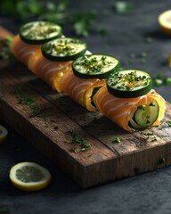 Canvas Print - Fresh salmon sushi rolls garnished with cucumber and lemon slices on a rustic wooden board.