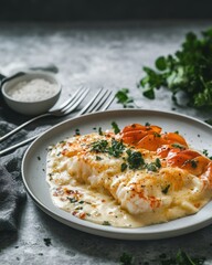 Wall Mural - Delicious plate of creamy fish fillet topped with herbs, served with vibrant orange slices and a sprinkle of parsley.