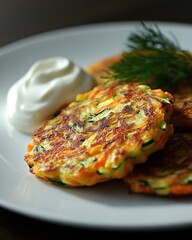 Wall Mural - Delicious golden zucchini fritters served with sour cream and fresh dill on a white plate.