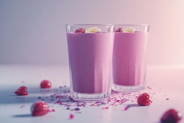 Two refreshing berry smoothies garnished with banana slices and strawberries.