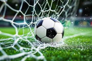 Soccer ball scoring a goal with water splashes, on vibrant green grass field, under natural lighting. Concept of sports, achievement, victory. Ai generative