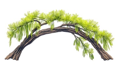 Arched tree branch with lush green needles isolated on white.