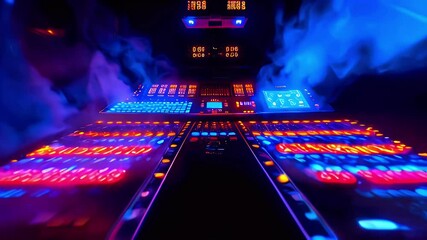 Blue lit mixing board with buttons and screen with smoke in a dark room.