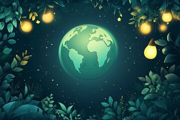 Wall Mural - frame illustration of cute earth hour turn off the lights for template background or copy space