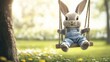 © AlfaSmart - Adorable Bunny on a Swing in a Spring Garden
