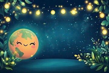 Wall Mural - frame illustration of cute earth hour turn off the lights for template background or copy space