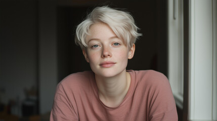 Wall Mural - A woman with blonde hair and blue eyes is wearing a pink shirt