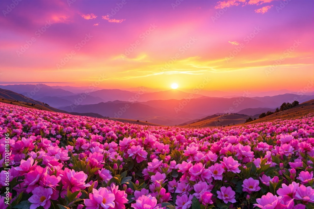 Vibrant pink flowers in a lush field under a vivid sunset sky, with ...