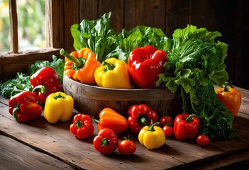 Wall Mural - vibrant colorful vegetable arrangement showcased natural light backdrop enhancing visual appeal freshness produce, colors, lighting, organic, nature, green