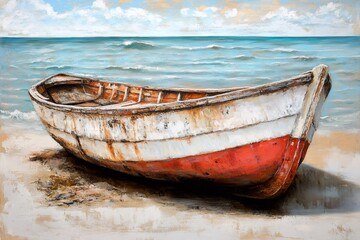  Old weathered rowboat resting on sandy beach near calm ocean waves