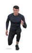 © Gustavo Andrade - Fitness athlete man wearing black suit jogging on white background.