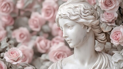 Canvas Print - Close-up of a serene marble statue of a woman's head and shoulders, surrounded by soft pink roses.