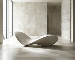 Poster - Modern minimalist white chaise lounge in a spacious, bright room with large windows and beige walls.