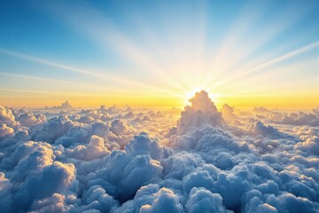 Wall Mural - Beautiful sunrise above puffy clouds, soft natural light, gradient blue and golden tones, tranquil atmosphere, concept of serenity and hope. Ai generative