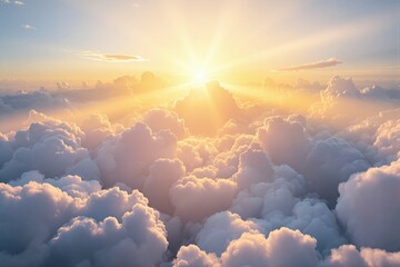 Wall Mural - A stunning view of a golden sunrise, sun rays shining through fluffy white clouds against a serene blue sky. Concept of hope, peace, and nature. Ai generative