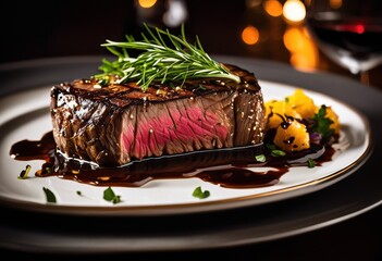 Wall Mural - elegant close artfully plated steak garnished fresh herbs textured highlighting culinary presentation juicy appeal, gourmet, meat, dish, cuisine, flavors