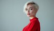 © satsatsat.studio - Blonde Woman in Red: Stylish Short Hair, Portrait Photography