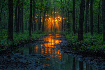 Wall Mural - Golden sunrise illuminates forest stream.