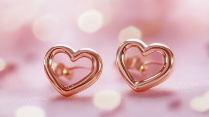 Wall Mural - Close-up of heart-shaped earrings on a soft pink background