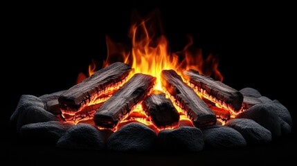 Wall Mural - Bright bonfire burning with logs and rocks on black background.