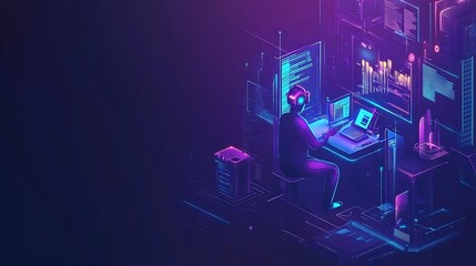 Person coding at night, surrounded by digital data and code.