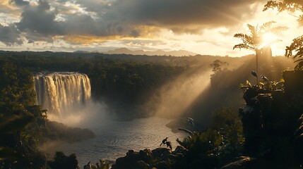 Wall Mural - A serene waterfall scene at sunset, surrounded by lush greenery and misty atmosphere.