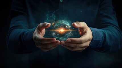 Fototapete - Mysterious Hands Holding a Glowing Sphere of Energy Surrounded by Ethereal Light in a Dark Enigmatic Setting, Symbolizing Power and Creation
