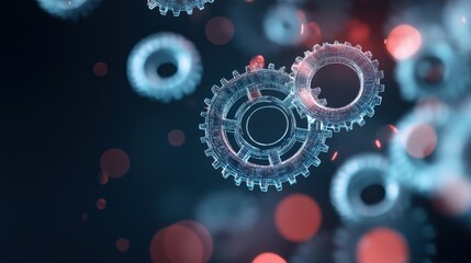 Poster - Abstract representation of floating transparent gears with depth and light effects showcasing innovation and technology in a modern digital environment