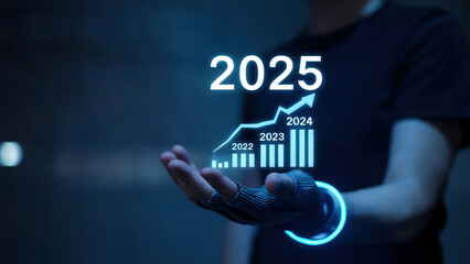 Fototapete - Businessman Illustrating Yearly Progress from 2022 to 2025 with Ascending Arrows, Symbolizing Growth, Future Goals, and Strategic Planning for Successful Business Development