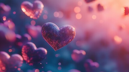 Wall Mural - Heart-shaped bokeh lights floating against a pink and purple background