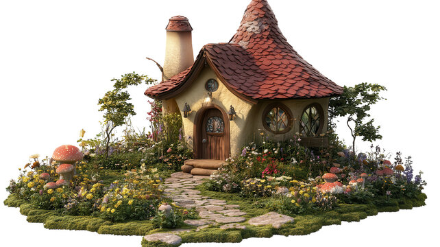A Whimsical Fairy House Set Among Lush Greenery in a Garden, Perfect for Capturing Enchanting Stories and Imaginations of All Ages.