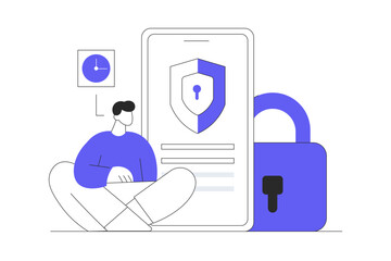 Wall Mural - data protection with guard character protect smartphone with lock on screen. internet security servi
