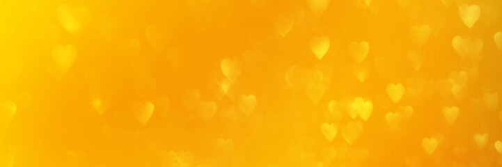 Wall Mural - Bright yellow hearts banner, sparkling glitter bokeh background header, abstract defocused texture.