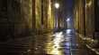 © Wongstorn - A dark alleyway with a wet cobblestone path