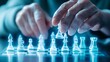 © AIExplosion - Senior player making a strategic move on a glowing,  Futuristic chess game featuring holographic pieces. The concept of the relationship between the elderly and modern technology.