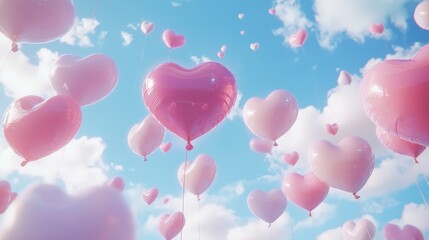 Wall Mural - Valentine Day-themed balloons in heart shapes floating in the sky