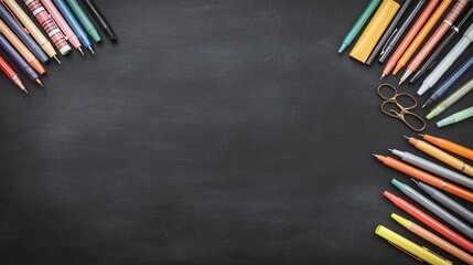 Colorful pens and pencils arranged on a chalkboard with copy space.