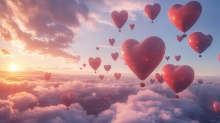 Wall Mural - Valentine Day-themed balloons in heart shapes floating in the sky