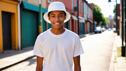 Wall Mural - Black teenage boy wearing white t-shirt and white bucket hat standing in a city alley