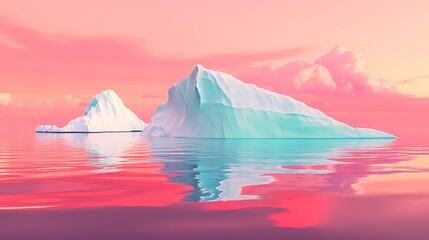 Canvas Print - Two icebergs in calm pink sunset ocean water, reflecting vibrant sky.