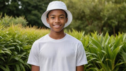 Wall Mural - Black teenage boy wearing white t-shirt and white bucket hat standing in the garden