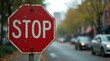 © SAN - Traffic stop sign in urban setting street view road safety signage city environment alert to drivers