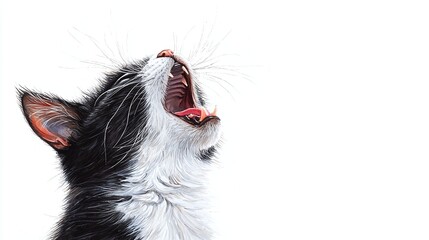 Wall Mural - Yawning tuxedo cat, close-up profile view against white background.