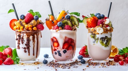 Colorful Milkshakes with Fresh Ingredients and Garnishes