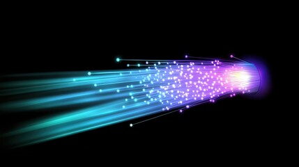 Wall Mural - A close-up of a glowing fiber optic strand, showcasing vibrant light transmission, ideal for technology or artistic applications.